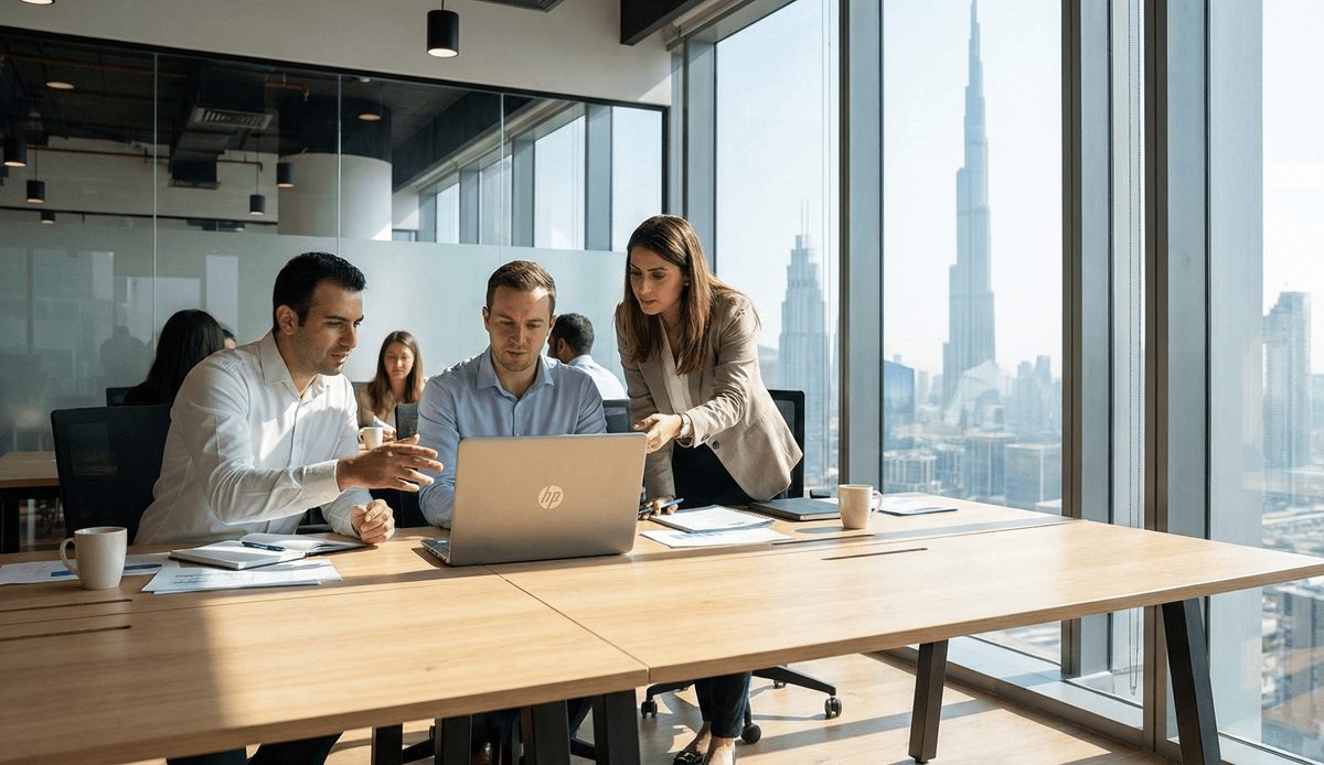 groups of employees discussing over a laptop