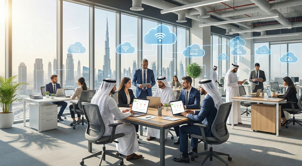 employees inside a UAE office discussing around desk