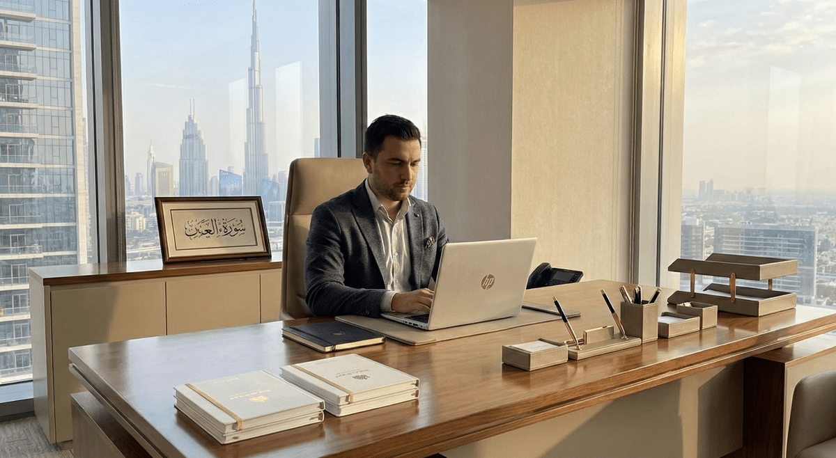 Dubai SME office with HP laptop showing OrbeeCash accounting dashboard, clean desk, and Dubai skyline.
