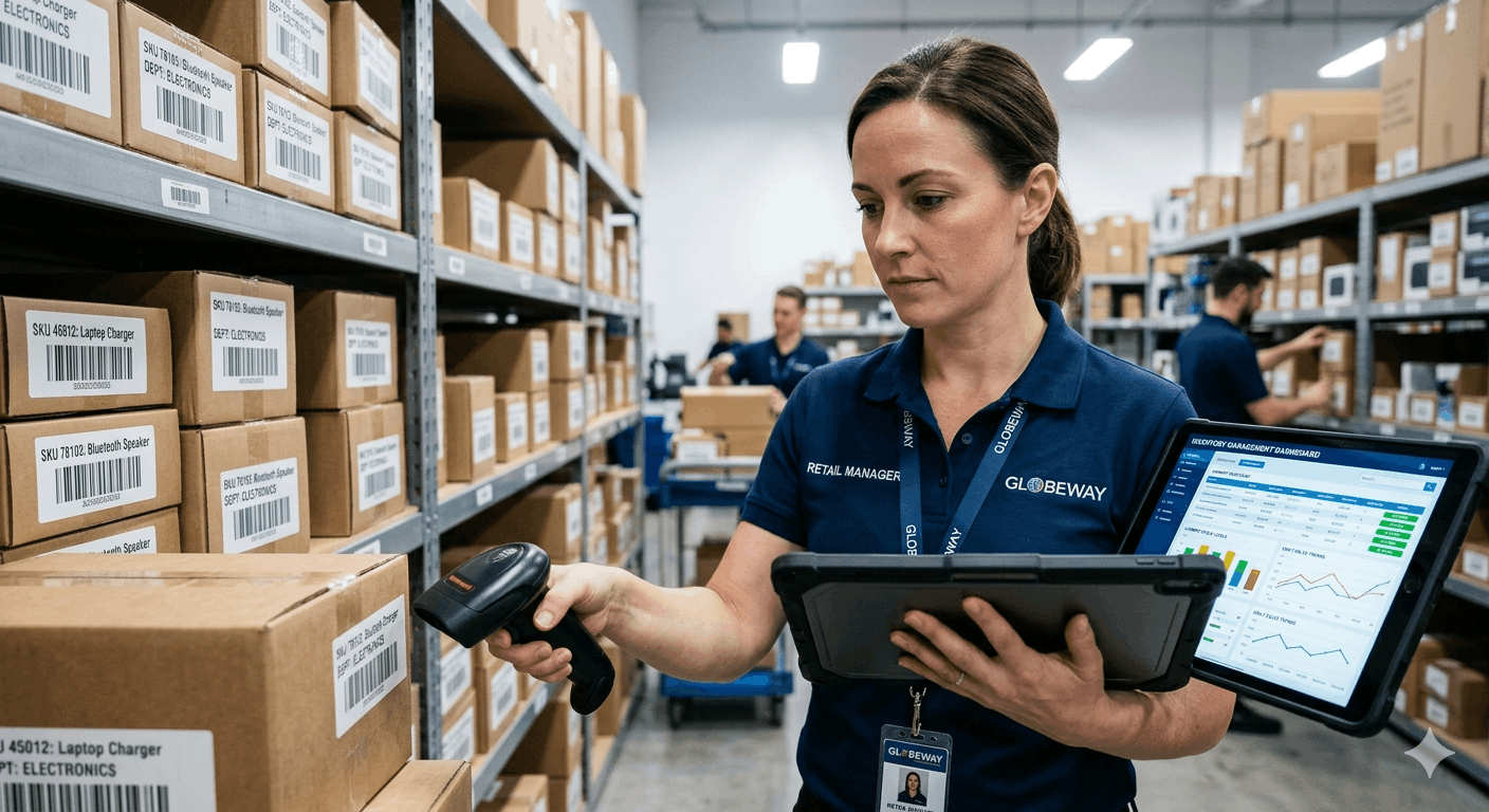 a female warehouse worker checking products