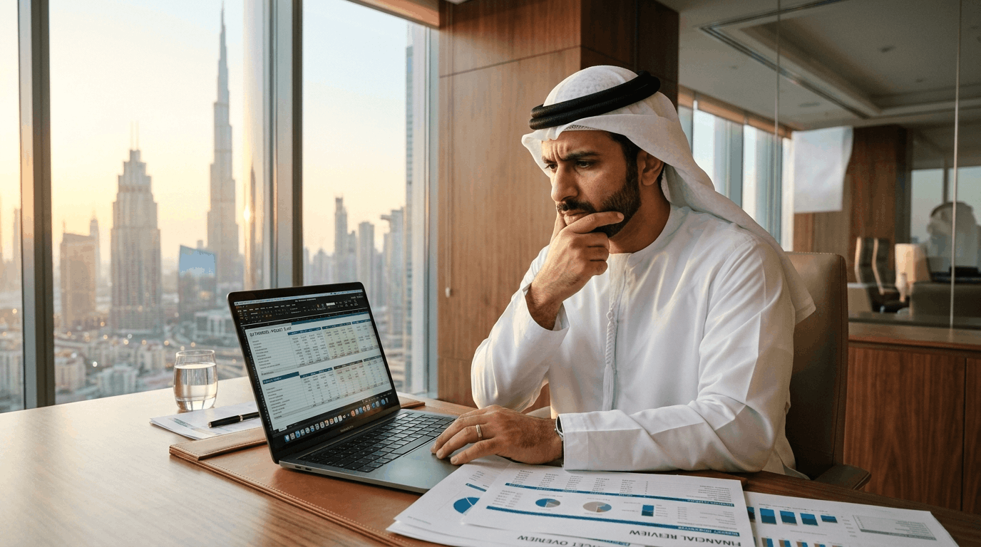 a uae male professional woriied about accounting mistakes looking at laptop