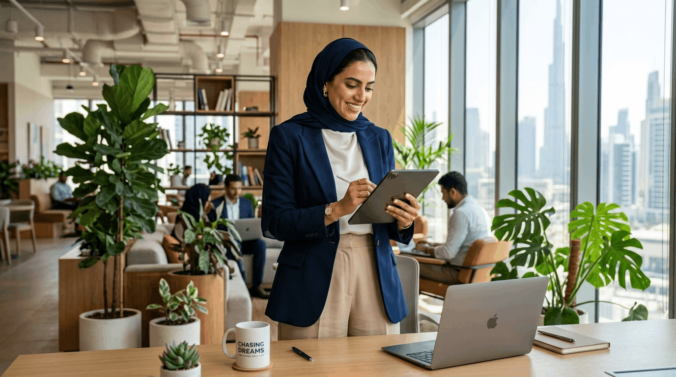 a uae femal looking happily at ipad